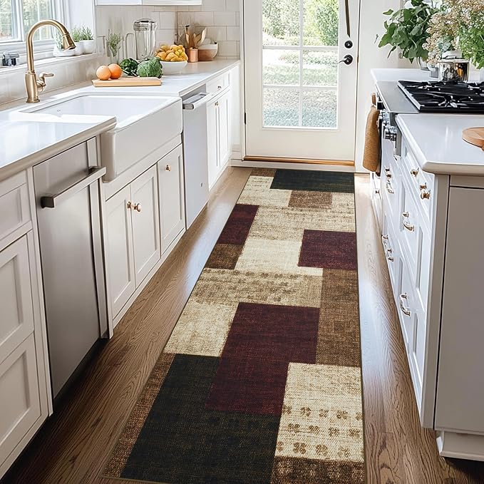 Modern Geometric Patchwork Indoor Runner Rug for Living Room, Red 2.7'x 8' Rug Rockwood Collection Hardwood Floors Decor for Bedroom, Burgundy Throw Carpet for Office Entryway Dining Room