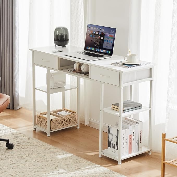 DUMOS 48" Small Computer Home Office Desk for Bedroom with Drawers, Gaming Writing Study Table with Storage Shelf, Adjustable Feet, Compact Desk for Gaming and Home Office Use, Metal Frame White