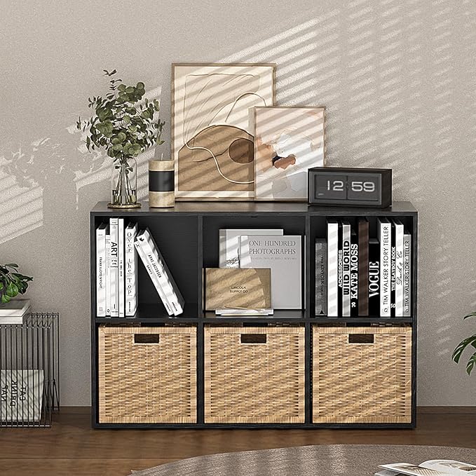 Wooden 6 Cube Storage Organizer with Closed Back Panel,White Cube Shelf Cubby Storage Organizer with Compartments for Living,Bookshelf, Easy to Install (Black, 6 Cube-13in)