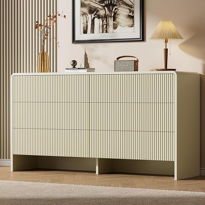 Beige 6 Drawer Dresser, 55" Wide Wood Chest of Drawers with Curved Design, Modern Fluted Dresser with Push-to-Open Storage for Bedroom