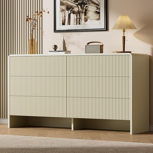 Beige 6 Drawer Dresser, 55" Wide Wood Chest of Drawers with Curved Design, Modern Fluted Dresser with Push-to-Open Storage for Bedroom