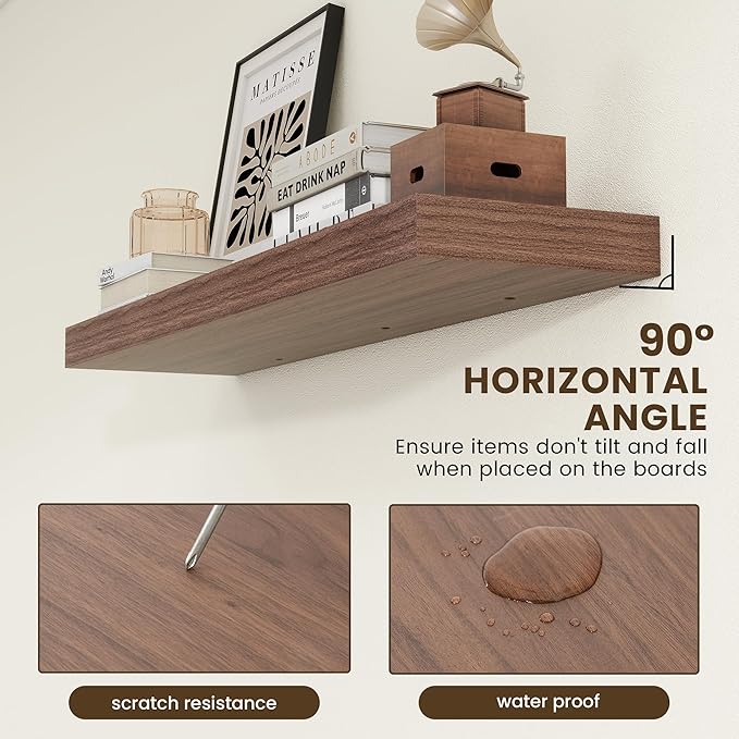 48 Inch Walnut Floating Shelf | 12 Inch Deep Floating Shelves Set of 1 | 48" D x 12" D Rustic Wood Shelves for Wall | Deep Walnut Shelves for Living Room Bathroom Laundry Room Kitchen
