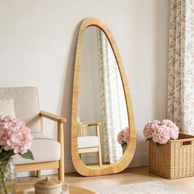 BAODANFU 22x48 Inch Asymmetrical Rattan Wall Mirror, Full Length Irregular Handwoven Natural Rattan Frame Mirror, 4-Way Mount Boho Decorative Mirror for Bedroom Entryway Living Room Farmhouse