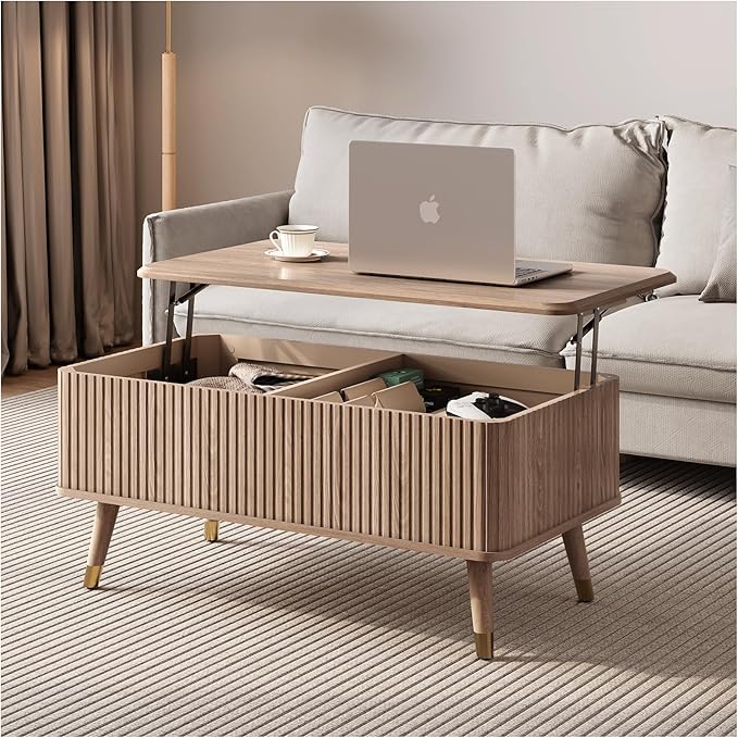 Lift Top Coffee Table with Storage,Natural Wood Center Table for Living Room, Modern Farmhouse Oak Fluted Design,Pop-Up Desk for Work & Dining