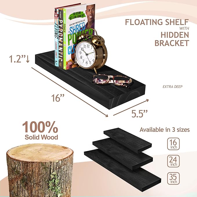 Sorbus 16" Solid Wood Floating Shelves - Set of 2 Black Wall Mounted Kitchen Shelves - Durable Pine Wood