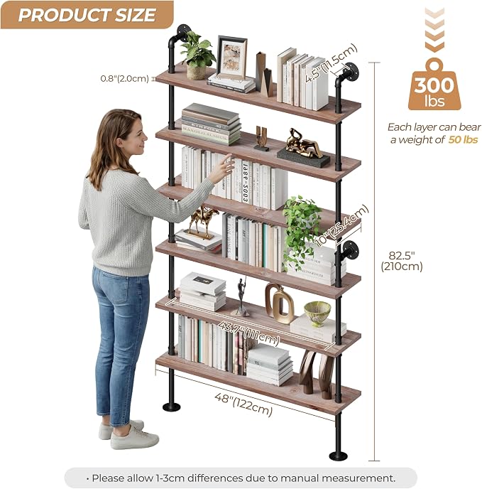 Industrial Ladder Pipe Shelf, Wall Mounted Wood Metal Bookshelf for Living Room Storage (Weathered Brown, 6 Tier - 10" D x 48" W x 82.5" H)