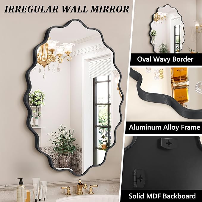 Oval Wavy Wall Mirror -Irregular Wall Mirror with Black Asymmetrical Aluminum Alloy Frame,24"x36" Decorative Wall Mirrors for Bathroom, Bedroom, Living Room, Dining Room，Entryway