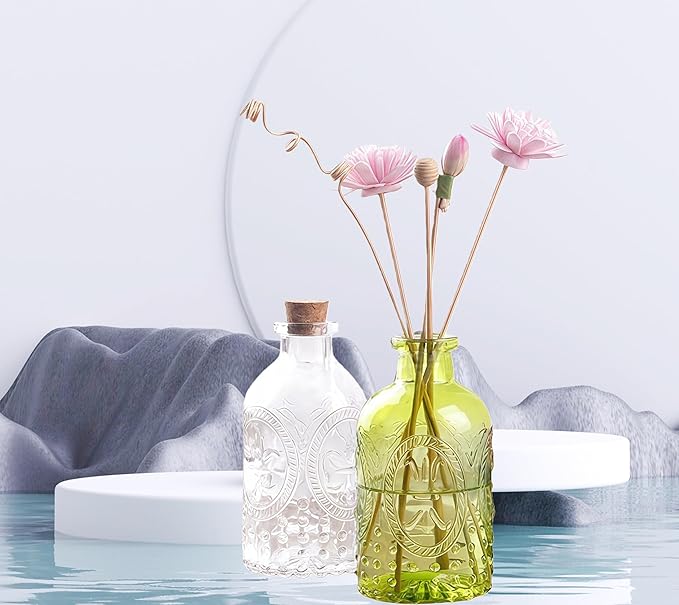 2Pcs Amber Glass Reed Diffuser Bottles,Apothecary Diffuser Decorative Bottles with Cork Lid,Small Flower Bud Vase,Aromatherapy Container for DIY Replacement Diffuser,Reed Sticks,Crafts Decor