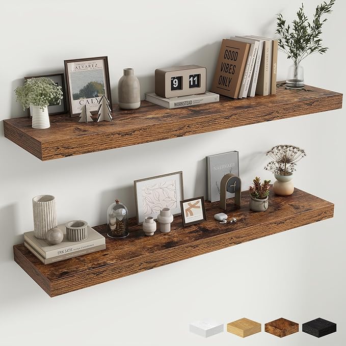 48 Inch Floating Shelves for Wall - 12 Inch Deep Fireplace Mantel Shelf - Wood Floating Shelf for Wall - Large Storage Shelves Wall Mount for Living Room & Bedroom - Rustic Brown - Set of 2