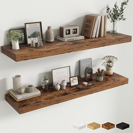 48 Inch Floating Shelves for Wall - 12 Inch Deep Fireplace Mantel Shelf - Wood Floating Shelf for Wall - Large Storage Shelves Wall Mount for Living Room & Bedroom - Rustic Brown - Set of 2