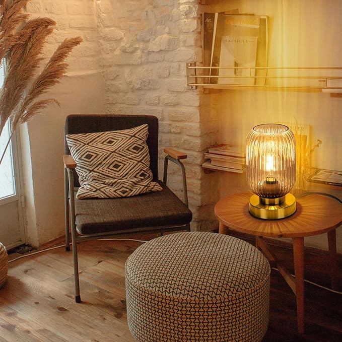 Mid Century Modern Table Lamp with Amber Ribbed Glass Shade,Touch Control & 3 Way Dimmable,Small Gold, Vintage Bedside Lamp for Bedroom, Living Room,Office (Bulb Included)