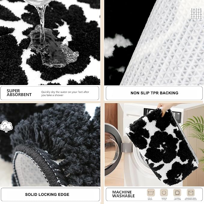Civkor Black and White Bathroom Rug, Tufted Flower Bath Mat for Bathroom with Non Slip TPR Backing, Quick Dry Microfiber Surface, Soft and Super Water Absorbent Bath Rug, 31x20Inch