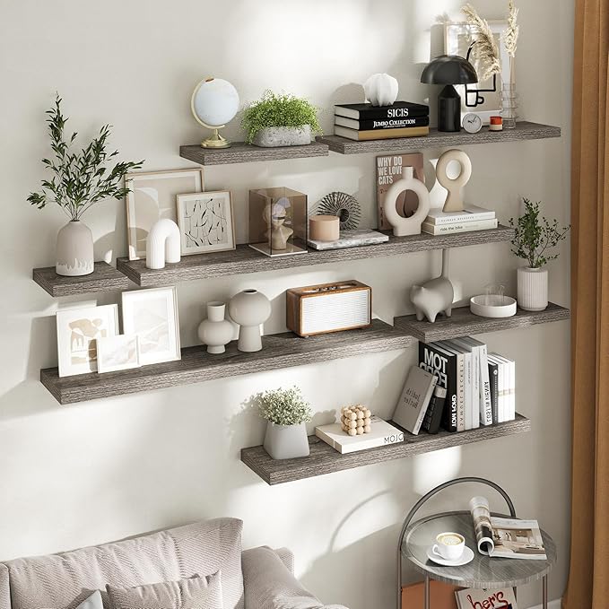 48 Inch Floating Shelves for Wall Set of 2, 8"D Wood Grain Bathroom Shelves with Invisible Brackets, Easy Install Engineered Wood Storage Shelves for Kitchen, Living Room, Bedroom, Grey Oak Finish