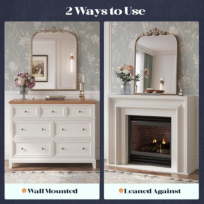 Gold Vintage Mirror, 30” x 40” Arched Antique Gold Tempered Glass Mirror for Fireplace Mantel, Baroque Brass Bathroom Mirrors for Wall with Metal Frame for Entryway, Bedroom, Living Room