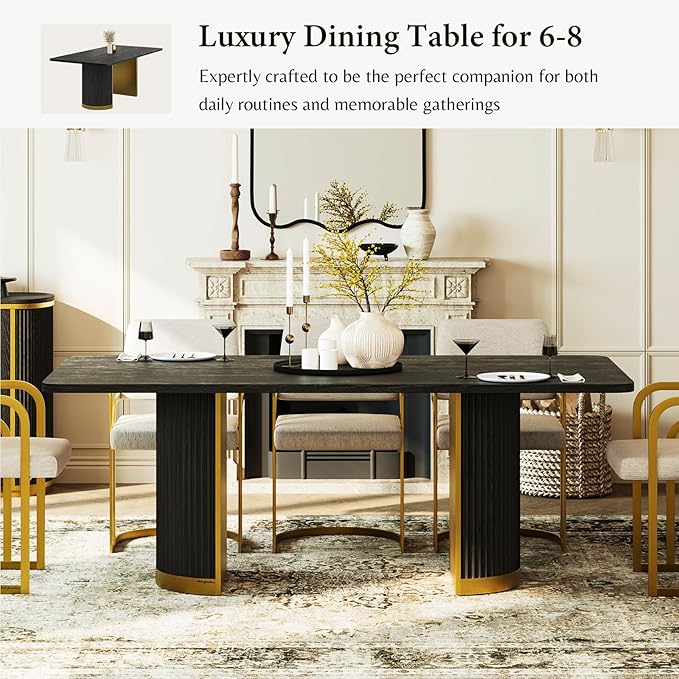 AUZ 78” Luxury Dining Table for 6-8, Farmhouse Wood Dining Room Table with Fluted Design and Brushed Metal Base, Large Rectangular Kitchen Table, Black and Gold