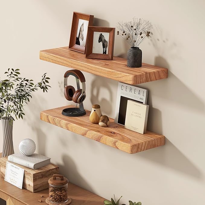 Fun Memories 24 Inch Floating Shelves, Rustic Solid Wood Wall Shelves Set of 2, 8 Inch Deep Floating Shelf for Bathroom, Bedroom, Heavy-Duty Wooden Shelf Wall-Mounted for Home Decor & Storage