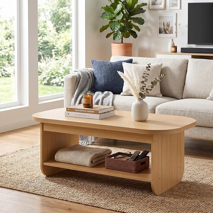 Giantex Oval Coffee Table, 47" Mid Century Modern Center Table with Storage Shelf & Round Corner, 2-Tier Accent Cocktail Tea Table, Wood Coffee Table for Living Room, Small Spaces (Natural)