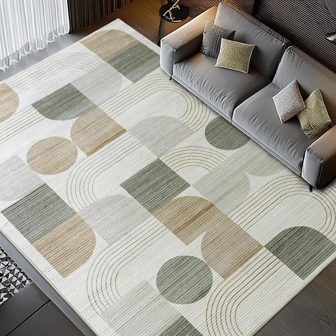 Large Machine Washable 5x7 Area Rug, Soft Modern Geometric Abstract Beige Rugs for Bedroom Living Room, Non-Shedding Faux Wool Indoor Throw Floor Carpet for Office Entryway Dining Room Decor