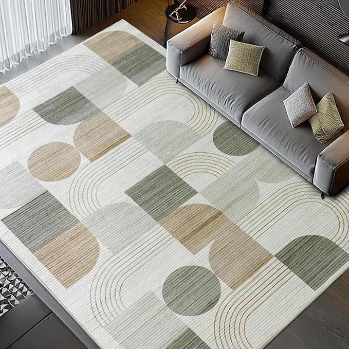 Large Machine Washable 9x12 Area Rug, Soft Modern Geometric Abstract Beige Rugs for Bedroom Living Room, Non-Shedding Faux Wool Indoor Throw Floor Carpet for Office Entryway Dining Room Decor