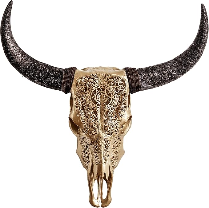 Skull Bliss - Hand-Carved Real Authentic Taxidermy Cow Skull/Bull Skull Wall Decor with Horns/Real Animal Cow Skull Wall Decor (Hand-Carved Horns)
