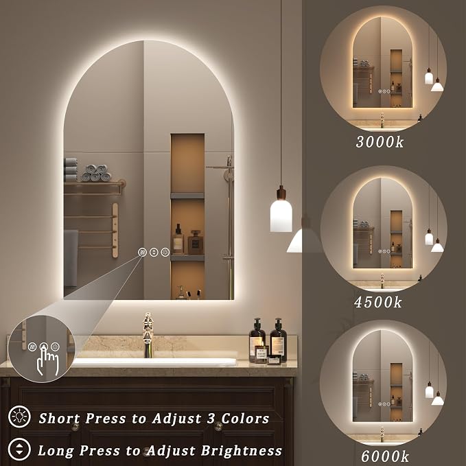 Backlit Arched LED Bathroom Mirror 26x36 Inch, Dimmable LED Vanity Mirror with Lights, Anti-Fog, 3 Colors, Memory, ETL Listed