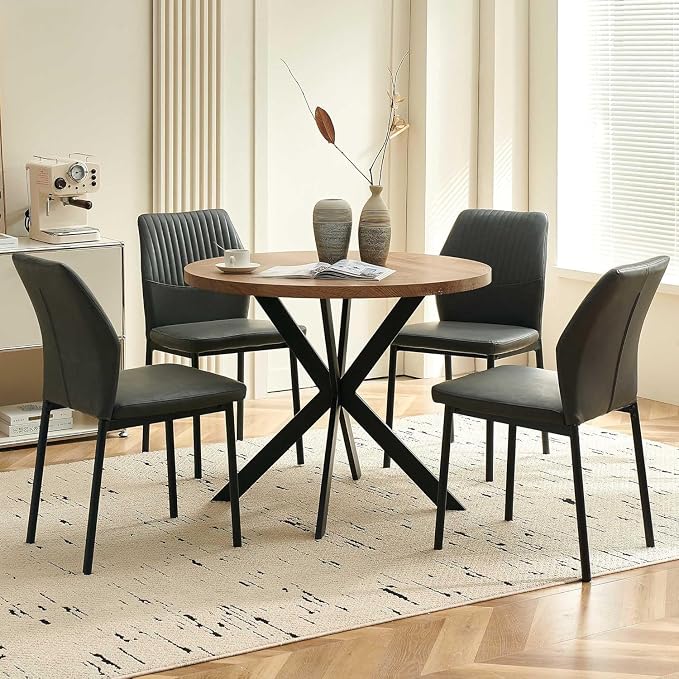 37" Round Dining Table Set for 4, Mid Century Modern Small Coffee Set for Dining Room Kitchen Apartment (Walnut Table + 4 PU Leather Dark Grey Chairs)