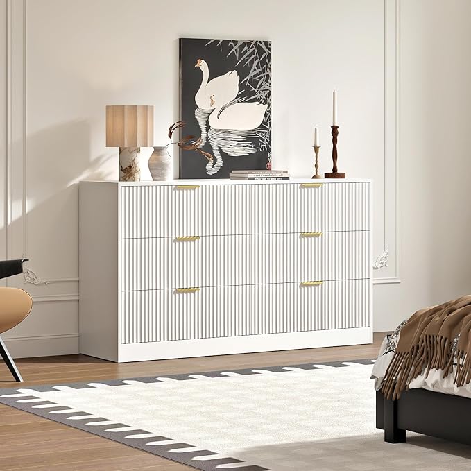 6 Drawers Fluted Dresser for Bedroom, 55" Wide Wooden Dresser with Deep Drawers, Large Floor Chest of Drawers, Modern Long TV Stand, Storage Cabinet Side Table, White