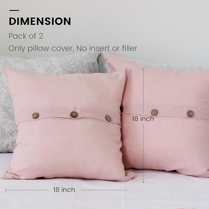 Simple&Opulence Linen Throw Pillow Covers Pack of 2, Triple Coconut Button Vintage Farmhouse Natural Flax Decorative Square Cushion Cover for Sofa Couch Chair - Brush Pink, 18'' x 18''