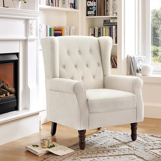 Lumibee High Back Accent Chair,Upholstered Wingback Armchair with Solid Wood Legs for Small Spaces,Comfy Single Sofa Chair for Living Room,Bedroom,Office-Beige