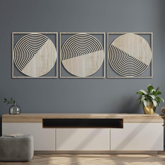 Round Boho Wall Art Wood Decor, Set of 3 Mid Century Modern Wood Wall Decoration, Aesthetic Wall Decor, Large Living Room Wooden Wall Art