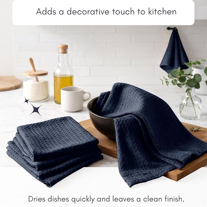 TWINY threads Waffle Kitchen Towel Set of 6, 16x26 Inches, Premium Large 100% Cotton Dishcloths with Hanging Loop, Absorbent, Quick Drying Cloths for Drying Dishes, Washable, Reusable, Navy Blue