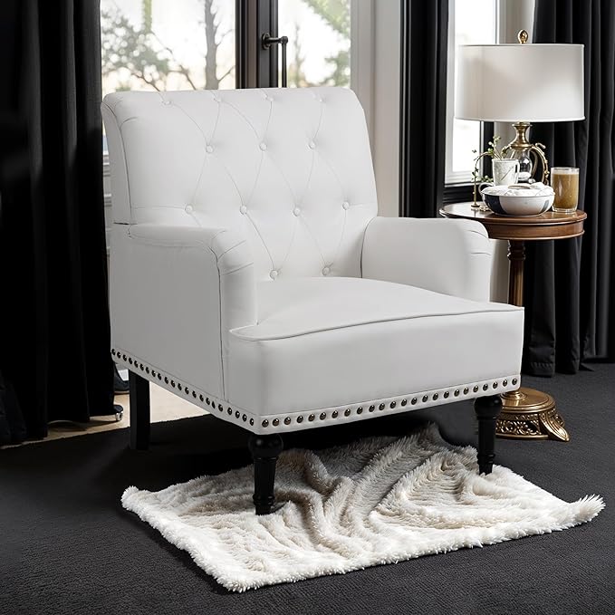 MOJAY Modern PU Leather Accent Chair Set of 2, Mid-Century Living Room Lounge Club Chair with Rivet Trim, Single Sofa Reading Arm Chair for Bedroom Home Office Study Lounges(White)