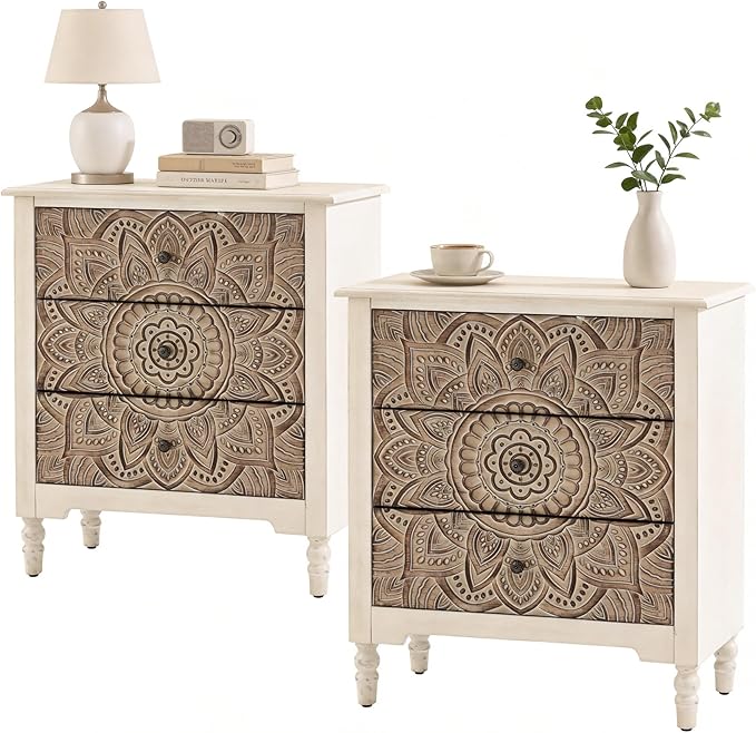 HOMPUS White 3 Drawer Dresser Set 2, Bedside Table Set of 2 with Storage, Vintage Nightstands with 3 Drawers, Small Storage Cabinet for Bedroom, Living Room, Easy to Assemble, White