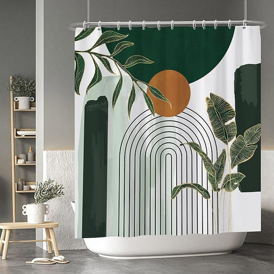 Baocicoo Abstract Mid Century Shower Curtain - Bohemian Tropical Leaf Modern Minimalist Design for Bathroom - Green Bath Accessory Art Decor Fabric With Hooks 72x78 Inches