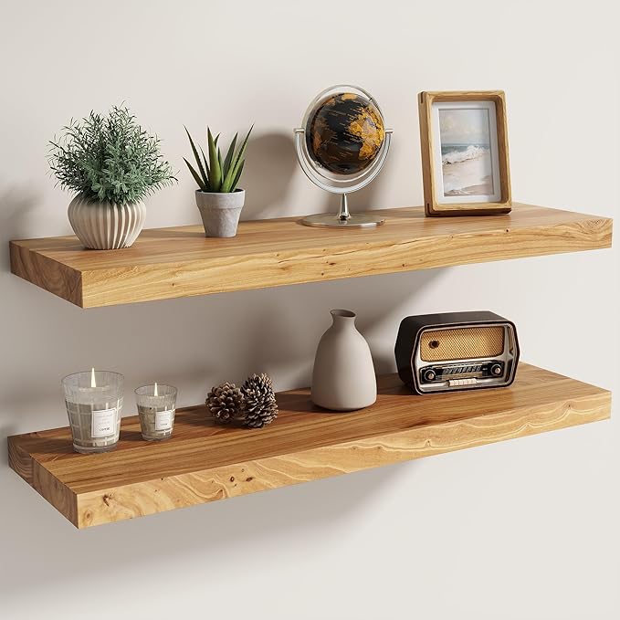 Fun Memories Solid Elm Wood Floating Shelves Set of 2-30 Inch Rustic Wall Shelves with Heavy-Duty Invisible Brackets - for Living Room, Kitchen, Bedroom, Bathroom - Natural Finish