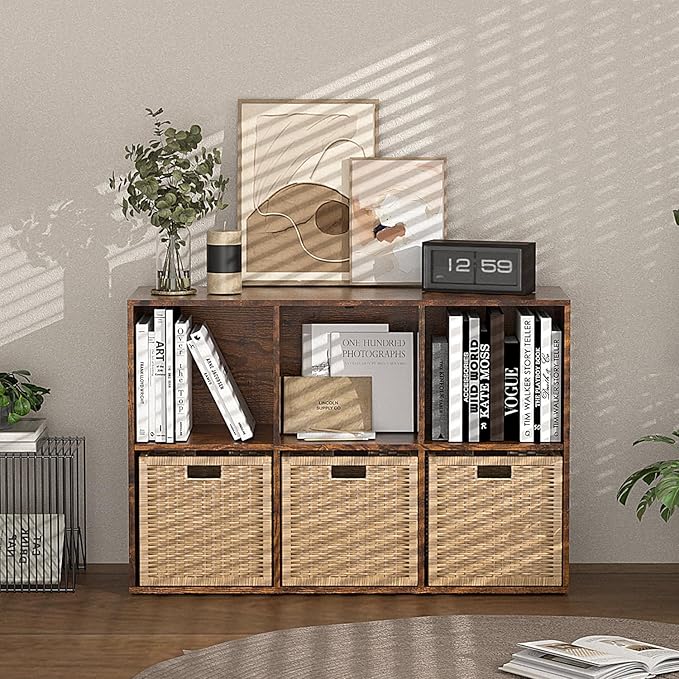 Wooden 6 Cube Storage Organizer with Closed Back Panel,Retro Brown Cube Shelf Cubby Storage Organizers with Compartments for Living,Bookshelf,Organizers Easy to Install (Retro Brown, 6 Cube)