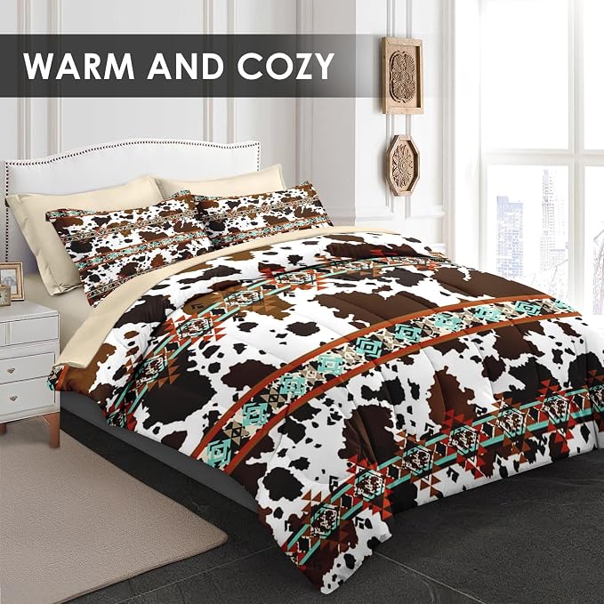 WeCozy 7 Pcs Queen Size Comforter Set with 2 Pillowcases & 2 Shams, Cow Print Brown Cowhide Bedding for Kids and Adults, Vintage Retro Bed in a Bag with Flat Fitted Sheet