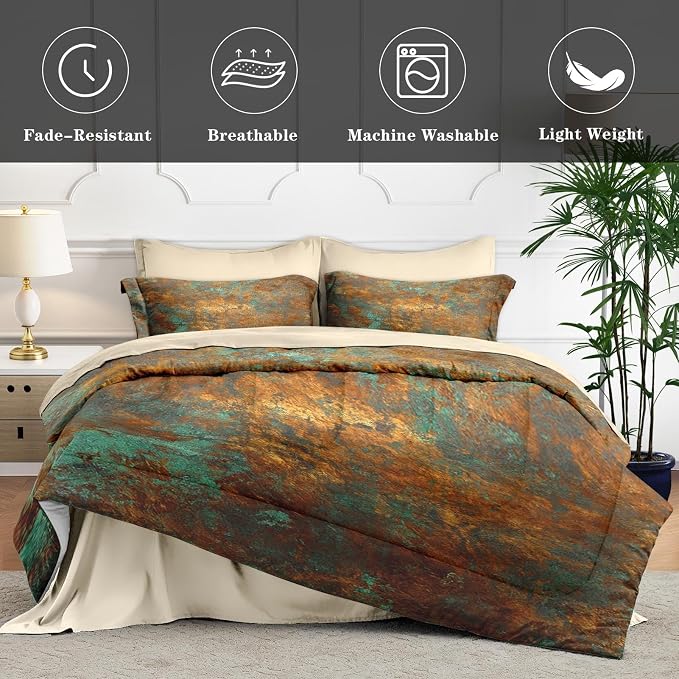 7Pcs Comforter Set King Size, Teal Brown Bronze Copper Gradations Abstract, Bedding Decor Orange Rust Brass Metallic Bedroom Bed Set Flat Sheet Fitted Sheet Pillowcases Shams for Kids Adults