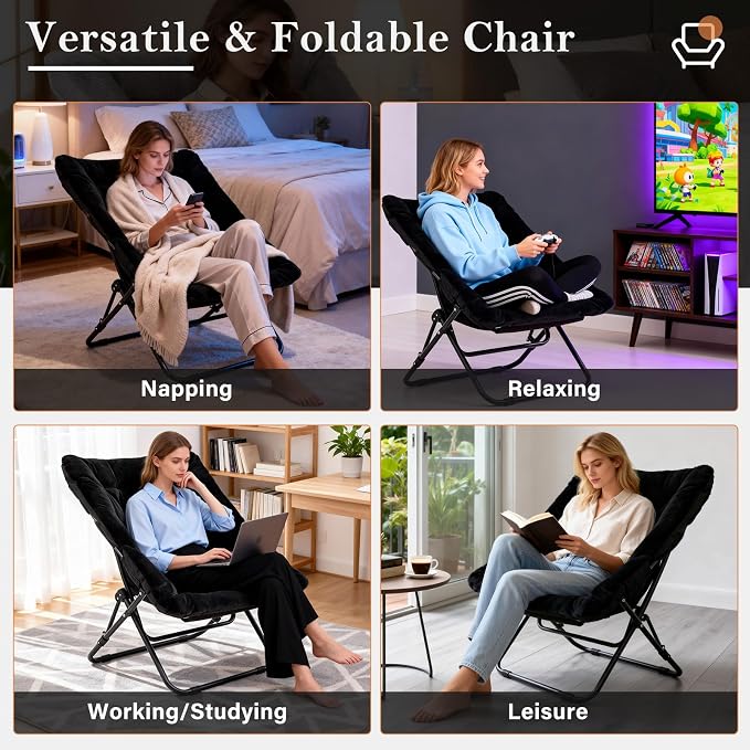 Furlide Saucer Chair, Comfy Bedroom Chairs, Oversized Folding Faux Fur Chair, Foldable Metal Frame Chair for Bedroom, Patio, Study, Playroom (Black)