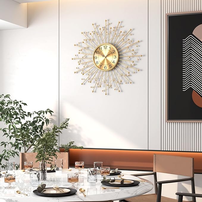 Large Modern Gold Wall Clock Decorative Mid Century Sunburst Branch Wall Clocks, Minimalism Metal Silent Clock, Luxury Home Gift Decor for Living Room, Bedroom, Dining Room, 24 inch