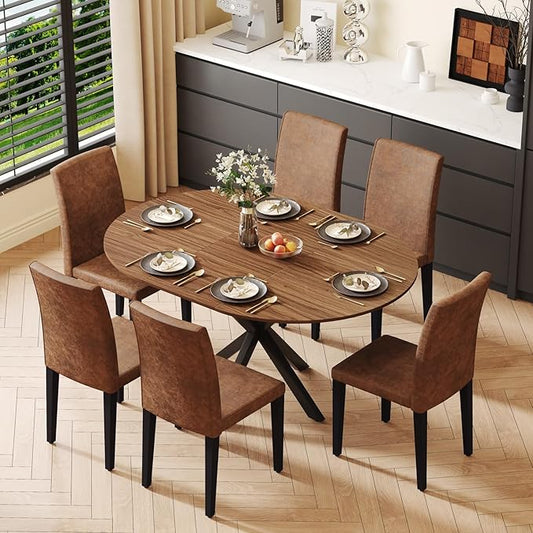 Round Dining Table Set for 6, 43-59" Extendable Dining Room Table Set, Walnut Wood Grain Table and 6 Brown Suede Upholstered Chairs Set, Mid Century Modern Kitchen Table Set with Cross Legs