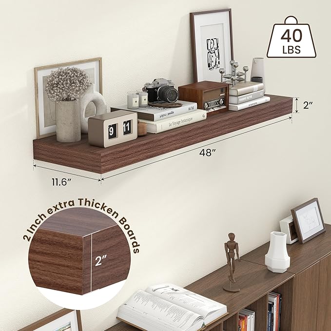 48 Inch Walnut Floating Shelf | 12 Inch Deep Floating Shelves Set of 1 | 48" D x 12" D Rustic Wood Shelves for Wall | Deep Walnut Shelves for Living Room Bathroom Laundry Room Kitchen