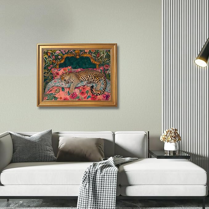 Gold Framed Sleeping Leopard Wall Art Luxury Jungle Colorful Cheetah Animal Poster Retro Maximalist Tropical Floral Pink Dopamine Canvas Print Aesthetic for Bedroom Home Decor 24x36inch