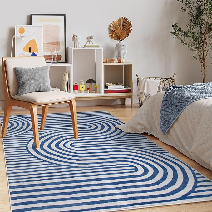 Lahome Modern Washable Area Rugs 5x7, Blue and White Rugs for Bedroom Ultra-Thin Non-Shedding, Abstract Living Room Rugs Stain Resistant Geometric Large Carpet for Kids Office Dorm Alba(5'X7',Blue)