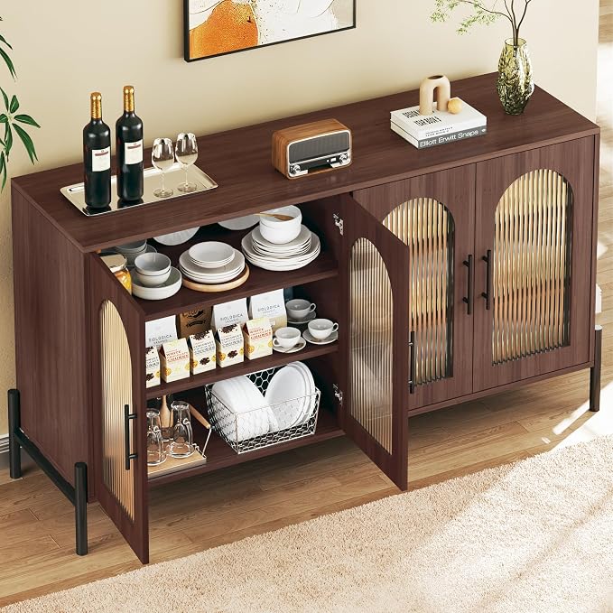 HUAHUU 55" Buffet Cabinet with Storage, Large Sideboard Buffet Cabinet with 4 Doors & 2 Adjustable Shelves, Modern Sideboard Storage Cabinets for Kitchen Living Room Entryway, Walnut