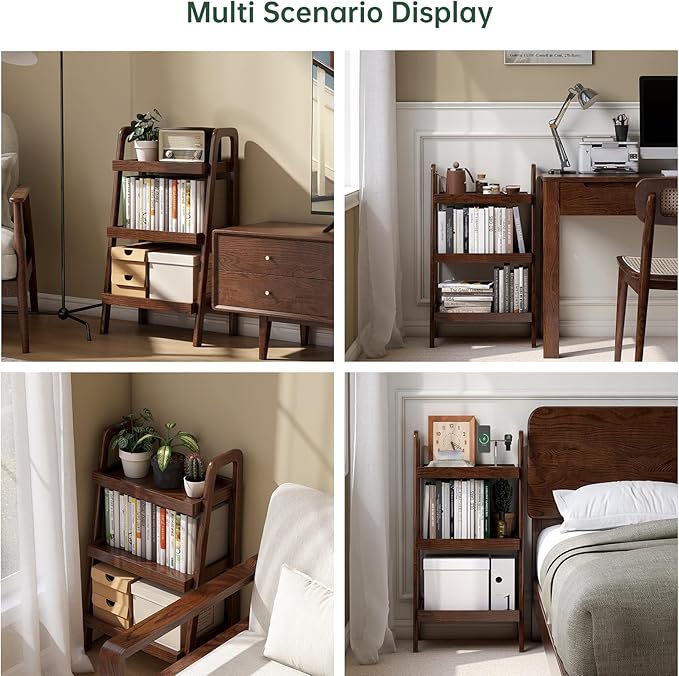 100% Solid Oak 3 Tier Ladder Shelf, Small Ladder Bookshelf, Ladder Bookshelf, 3 Tier Shelf with Stable Frame, Small Table for Living Room Bedroom(Walnut, 13.4" L x 25.6" W x 36.2" H)