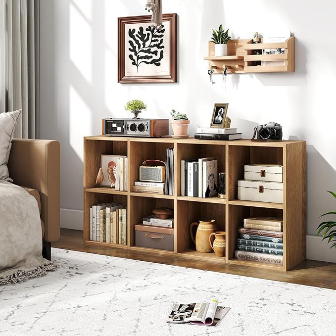 Tangkula 8-Cube Bookcase, Large Floor Standing Horizontal Bookshelf with 8 Open Shelves & 2 Anti-Tipping Kits, Home Office Wooden Storage Book Shelf for Living Room, Study (Natural, 8-Cube)