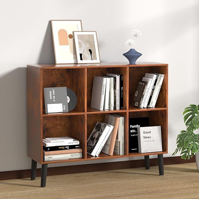 6 Cube Storage Organizer with Legs, 3 Tier Cube Low Bookcase Freestanding Storage Display Organizer for Home Office, Three-Cubes Open Shelf Bookshelf (Retro Brown, 6 Cube Horizontal)