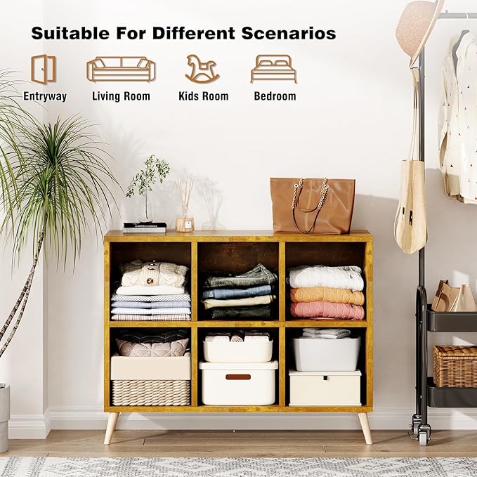 6 Cube Storage Organizer, Wood Bookcase with Legs, Modern Freestanding Cubby Shelving Unit, Book Shelf Toy Storage Cabinet for Bedroom, Living Room, Kids Room, Fits 11 Inch Bins, Rustic Brown