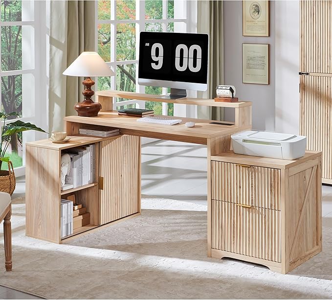 JXQTLINGMU 67" Modern L Shaped Desk with Storage Cabinet & Drawers, Wood Home Office Desk with Power Outlets, Fluted Computer Writing Desk, Oak